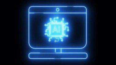 A blue neon monitor displays an AI chip on a dark background