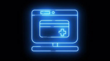 A blue neon outline of a computer monitor displaying a credit card with a medical cross