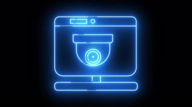 A blue neon outline of a computer monitor with a surveillance camera inside set against a black background