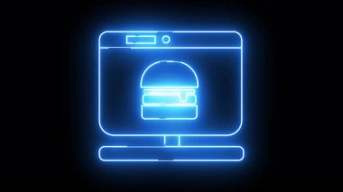 A blue neon outline of a desktop computer displaying a burger on its screen