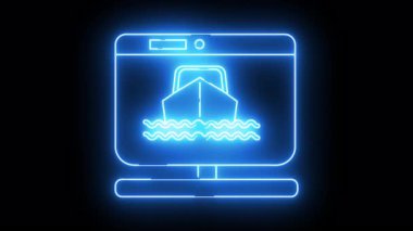 A blue neonoutlined computer monitor displays a ship on wavy water against a black background