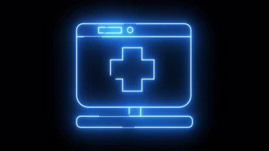 A glowing blue linedrawing of a computer monitor displaying a plus sign against a black background