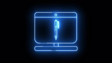 A glowing blue neon outline of a computer monitor with a pen or stylus in the center on a black background