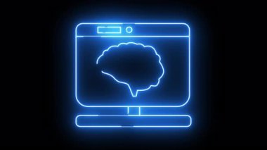 A glowing blue neon outline of a computer screen displaying a brain icon