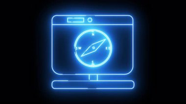 A glowing neon blue outline of a desktop computer screen displaying a compass