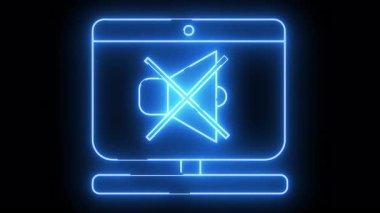 A neon blue computer screen displays a muted speaker icon on a black background