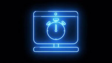 A neon blue monitor screen with a stopwatch symbol in the center against a black backdrop