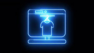 A neon blue outline depicts a computer screen displaying a tshirt on a hanger The background is black