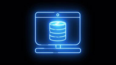 A neon blue outline of a computer with a stack of coins on the screen