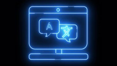 A neon blue outline of a monitor displaying two speech bubbles one with the letter A and the other with Chinese characters