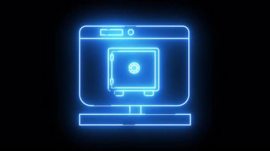 A neon blue outline shows a computer monitor displaying a safe on a black background