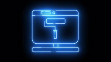 A neonblue computer monitor displays a paint roller icon all outlined on a stark black background