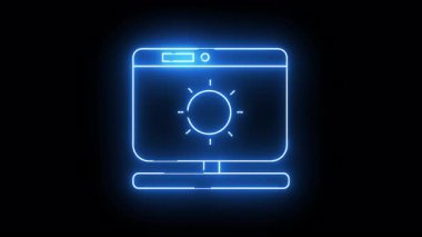 A neonblue computer monitor displays a sunlike icon outlined on a black background evoking a modern techdriven feel