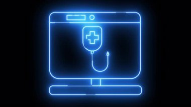 A neonblue computer monitor glows with an IV drip symbol