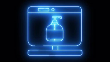 Blue neon outline of a computer monitor displaying a soap dispenser on a black background