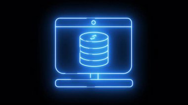 Blue neon outlines a monitor displaying a stack of coins on a black background