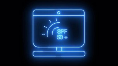 Blue neon SPF 50 sun block sign on a computer screen against a dark background