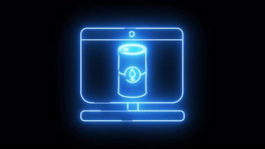 Computer monitor displays oil barrel outline with oil drop symbol glowing blue neon lines against a dark background