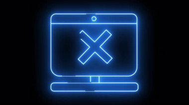 Glowing blue neon computer monitor with error symbol on a black backdrop