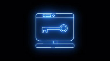 Glowing blue outline of a computer monitor with a key displayed on the screen set against a black background