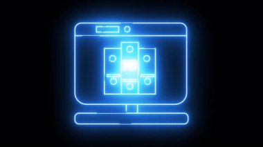 Glowing blue outline of a computer monitor showing a server icon against a black background