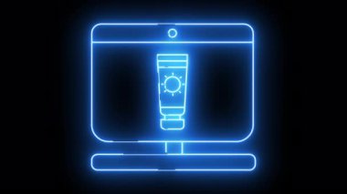 Illuminated outline of computer screen showcasing sunscreen tube on dark backdrop
