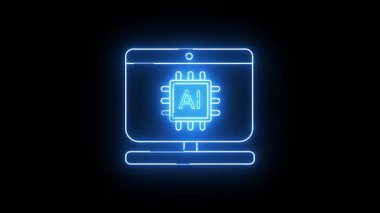 Neon blue computer with an AI chip screen display against a black backdrop
