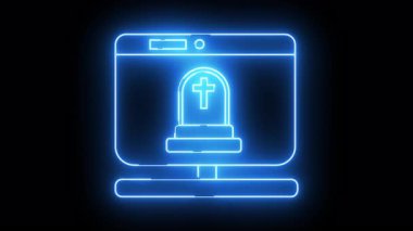 Neon blue monitor displays a tombstone with a cross on a black background