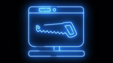 Neon blue monitor displays saw outline against black backdrop