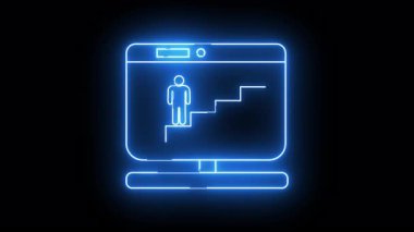 Neon blue tech screen shows a figure climbing stairs