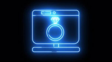 Neon outline of a monitor displaying a diamond ring isolated on a black background