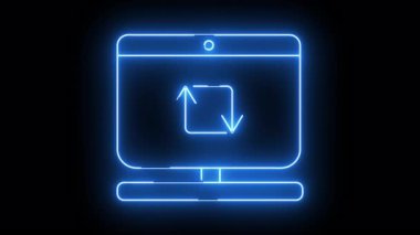 Neonblue outline of a desktop computer with a circular camera and a refresh icon on the screen