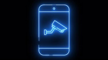 A blue neon smartphone outline displays a security camera icon