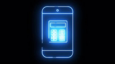 A glowing blue neon illustration of a mobile phone displaying a calculator on its screen