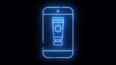 A neon blue smartphone displays a sunscreen bottle icon against a dark background