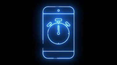 Siyah arkaplana karşı kronometre uygulamalı parlayan mavi telefon