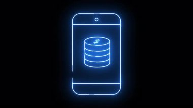 Siyah arkaplanda para yığını görüntüsü olan parlak neon mavisi akıllı telefon.