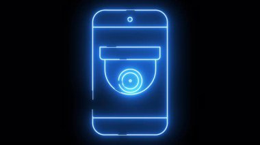 Ekranda siyah bir arkaplan karşısında güvenlik kamerası lensi olan bir akıllı telefonun neon mavi çizgisi