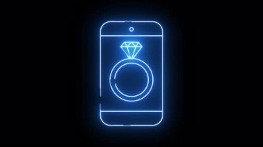 Neon mavi telefon hattı siyah bir arkaplana karşı bir elmas yüzük sergiliyor
