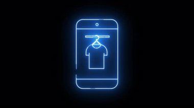 Ekrandaki askıda asılı tişörtü olan neon akıllı telefon simgesi siyah üzerine mavi parlıyor