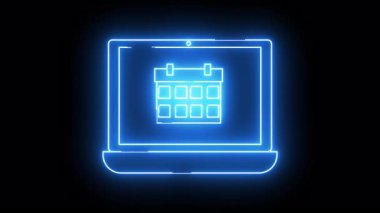 Bir dizüstü bilgisayarın parlayan mavi neon çizgisi ekranında simgesini simsiyah bir arkaplan karşısında gösterir