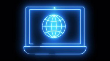 Parlayan mavi neon bir dizüstü bilgisayar ekranında siyah bir arkaplanda izole edilmiş bir dünya görüntüler.