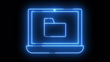 Ekranda dizin simgesi olan mavi neonla özetlenmiş bir dizüstü bilgisayar