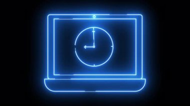 Siyah bir arkaplanda dokuza işaret eden bir saati gösteren neon mavisi bir laptop.