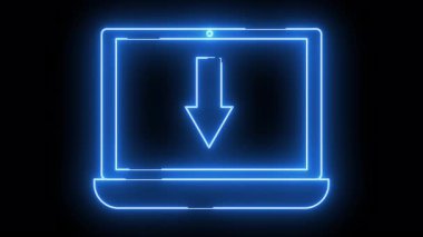 İçinde indirme oku olan mavi neon dizüstü bilgisayar simgesi