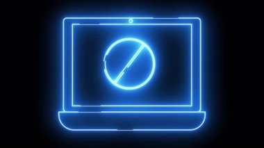 Ekranda koyu bir arkaplan karşısında yasaklı işareti olan mavi neon dizüstü bilgisayar simgesi