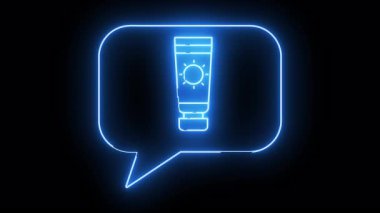 Siyah arkaplanda parlayan bir mesaj balonunda neon mavi güneş kremi tüpü