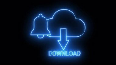 Çan bulutu ve ok sembollü neon illüstrasyon siyah arkaplanda bir indirmeyi temsil ediyor