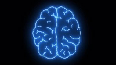 Mavi neon bir beyin çizgisi, merkezde, siyah bir arkaplanda çerçevelenir.