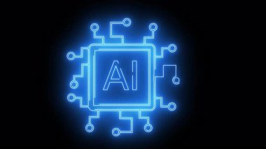 Parlak bir mavi yapay zeka devre kartı, simsiyah bir arkaplanda göze çarpar.